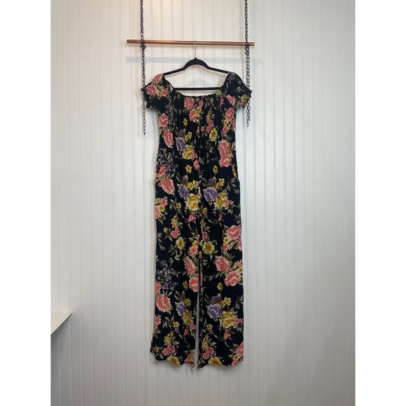 Nevena Rae Womens Jumpsuit Floral Multicolor Smocked Button Short Sleeve Size L - Picture 1 of 8